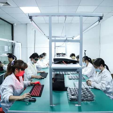 Trabajadores que ensamblan componentes de luz portátiles en estaciones de trabajo de fábrica