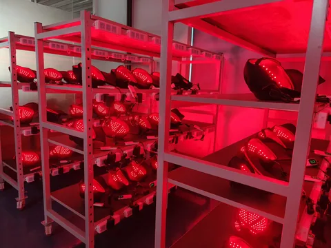 Gorras encendidas en bastidores del taller de fábrica