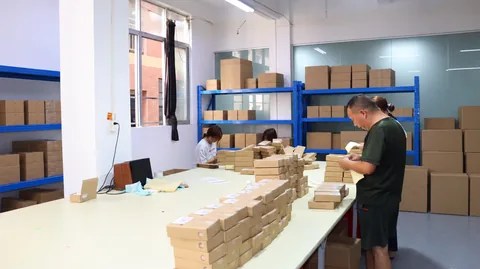 Staff preparing products and cartons at a packaging workbench