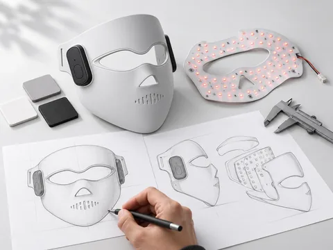 Concepto de desarrollo de máscara con un prototipo de carcasa, inserto LED, bocetos de diseño y muestras de materiales.