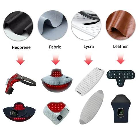 Muestras de telas y materiales junto a ejemplos de productos portátiles