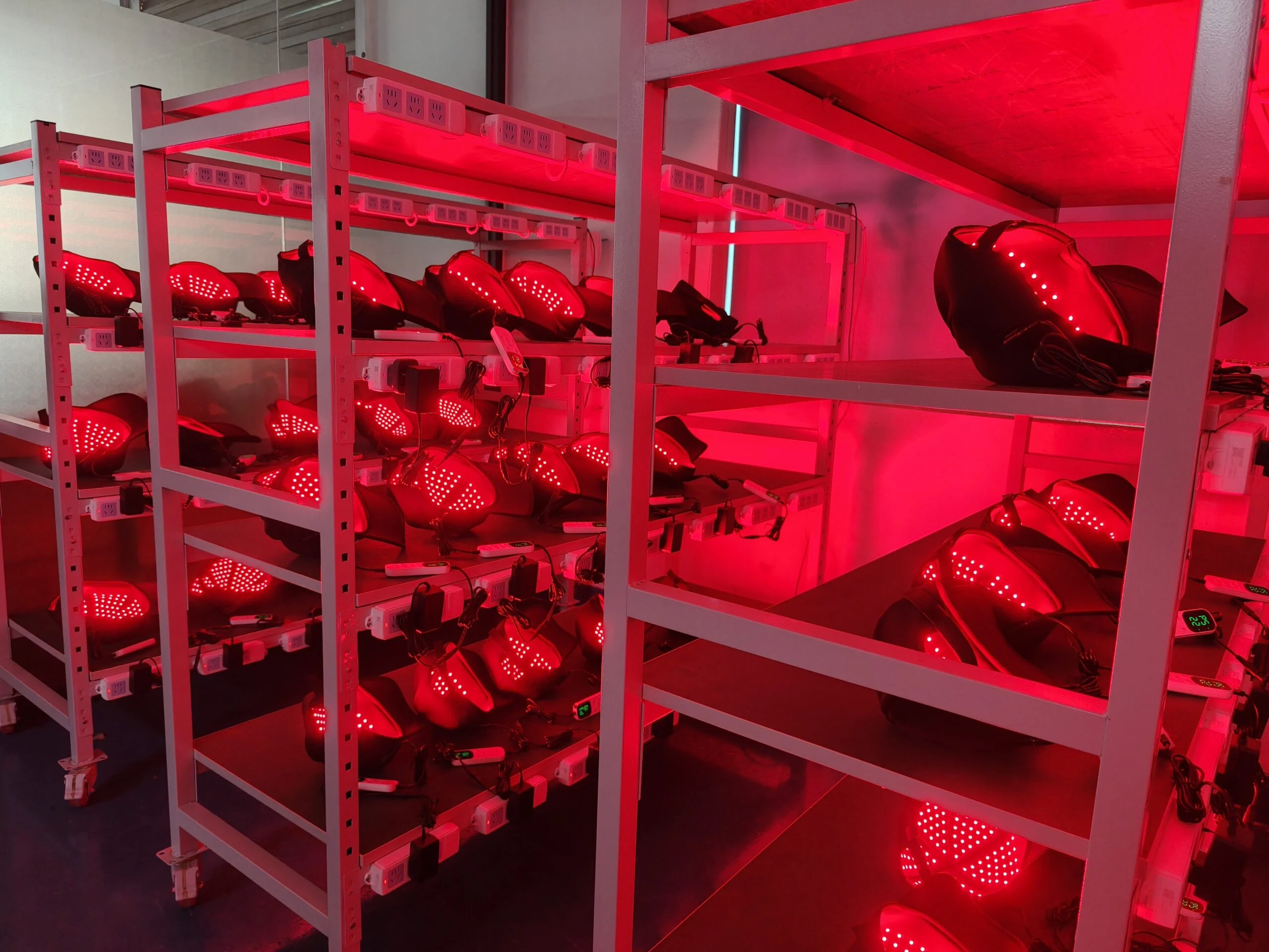 Illuminated caps on factory workshop racks