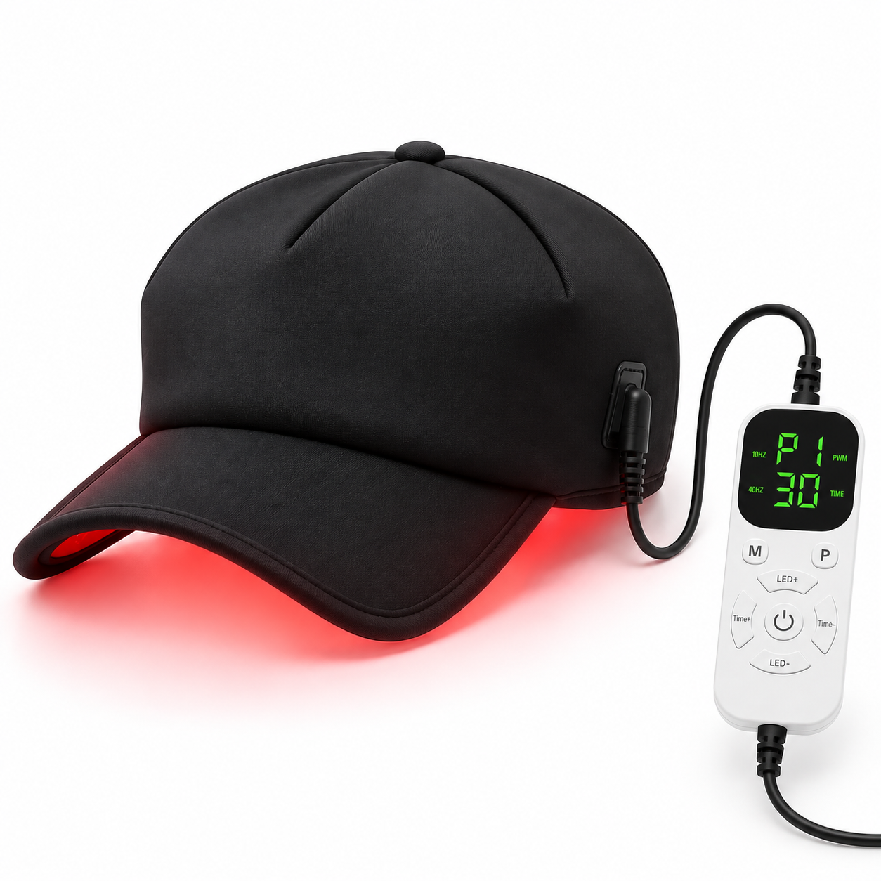 Gorra negra de luz roja con mando de mano por cable