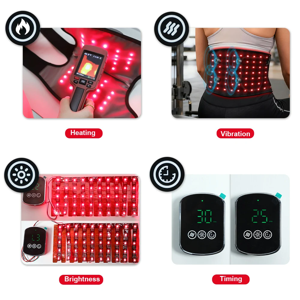 Illustrated examples of heating vibration brightness and timer functions