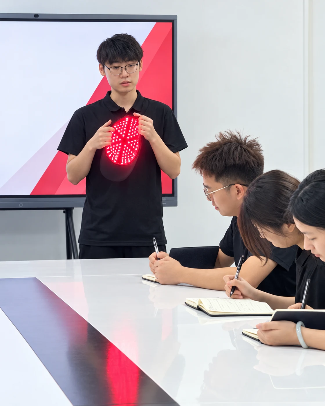 Equipo revisando una gorra de luz roja durante una reunión de producto