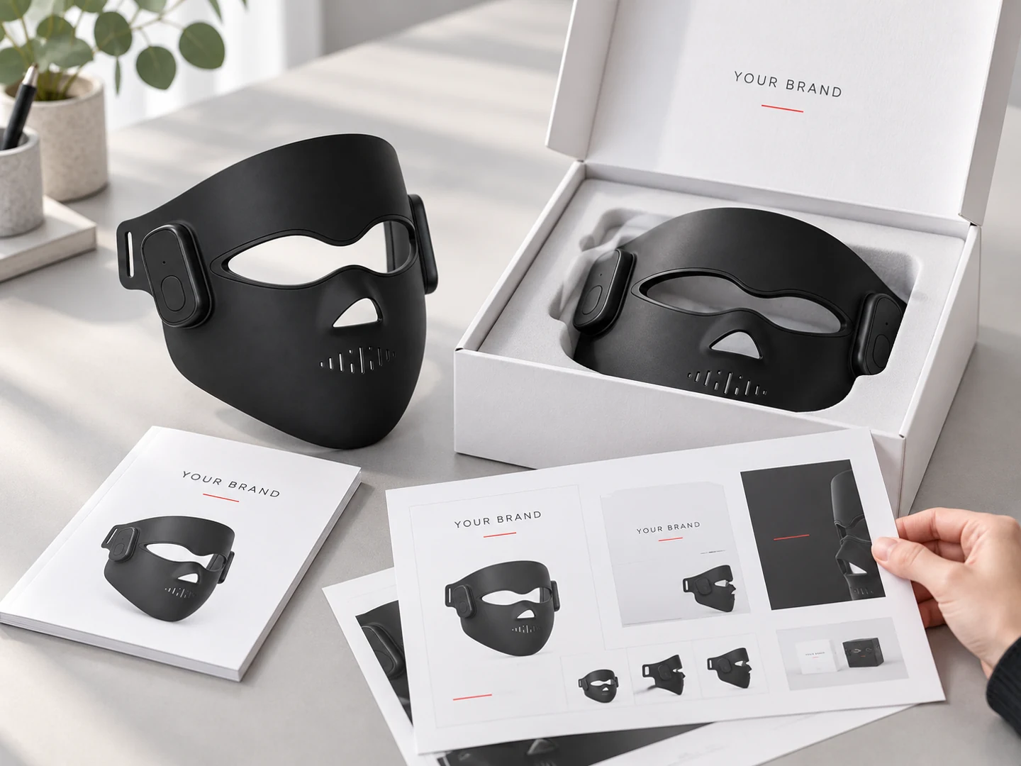 Mask packaging concept with YOUR BRAND artwork and an instruction booklet