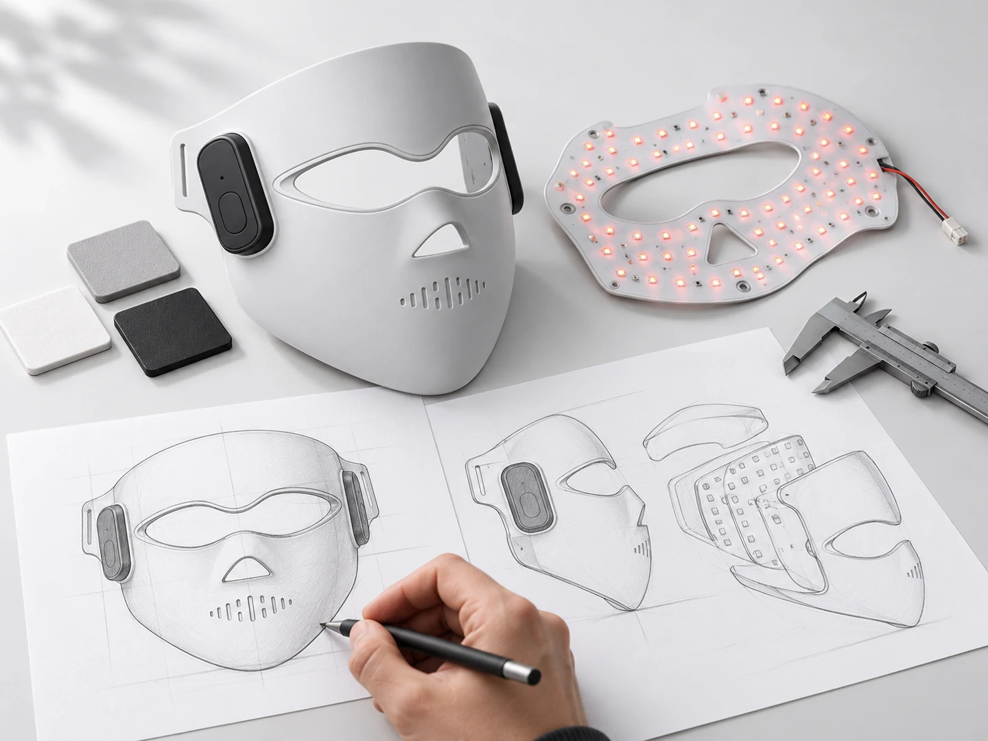 Mask development concept with a shell prototype, LED insert, design sketches and material samples